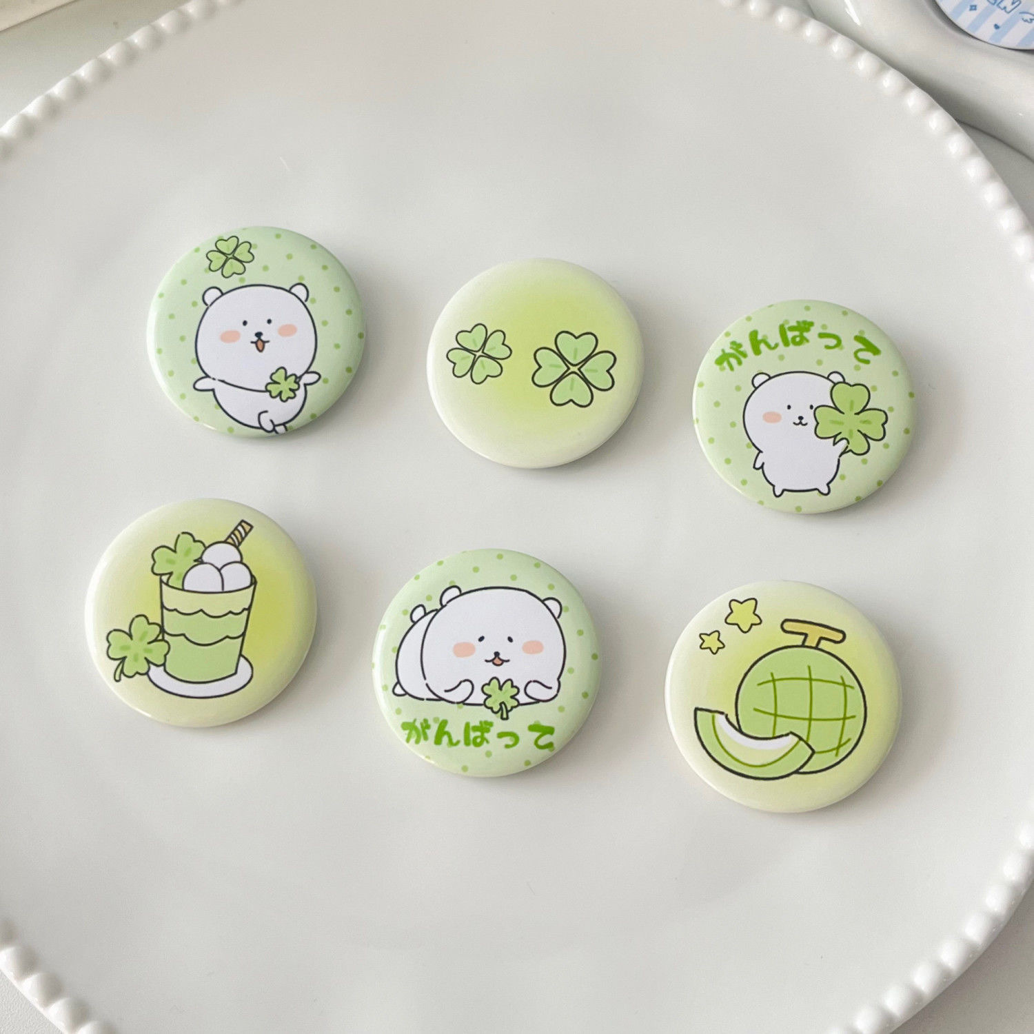 Cute Mini Badge Set – 6 Clover Bear Pins